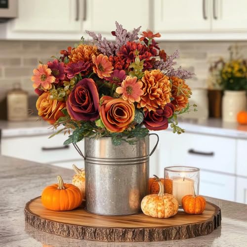 Artificial Fall Flowers Bouquet Set - Orange & Red Faux Autumn Flowers for Decor