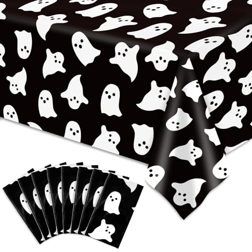 Halloween Plastic Tablecloths Black White Ghost Set - 8 Pcs 54 x 108 Inch