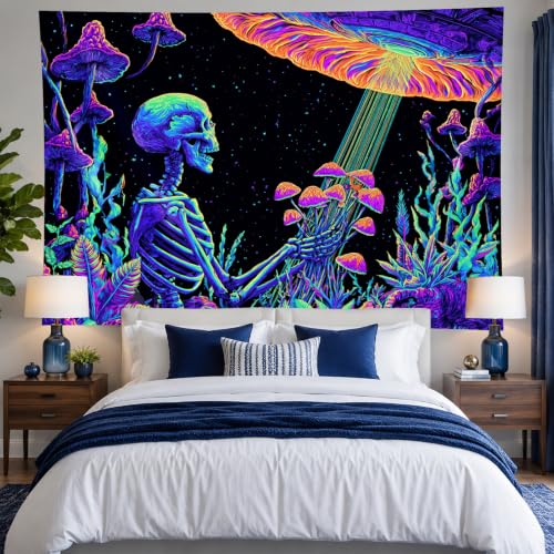 Skeleton UFO Blacklight Tapestry - Psychedelic Gothic Wall Backdrop 78x59 Inch