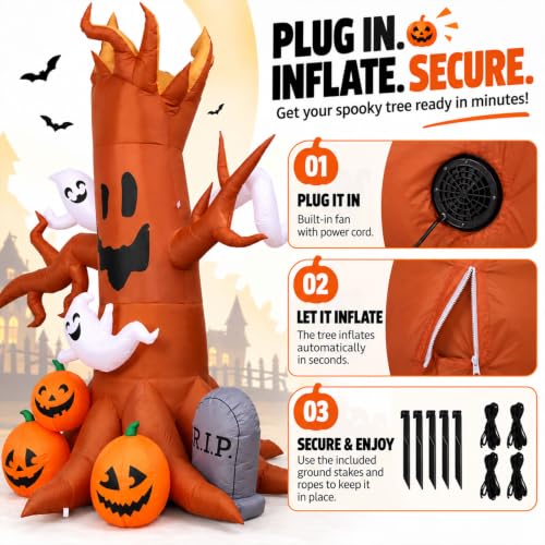8FT Halloween Inflatable Ghost Tree Decoration with Pumpkins and Tombstone