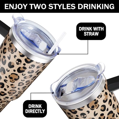 Halloween 03 40oz Skeleton Skull Tumbler with Handle - Spooky Leopard Pattern