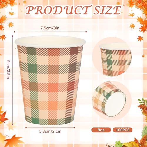 Fall Plaid Paper Cups 9oz - Thanksgiving Orange Green Checkered Party Cups - 100 Pack