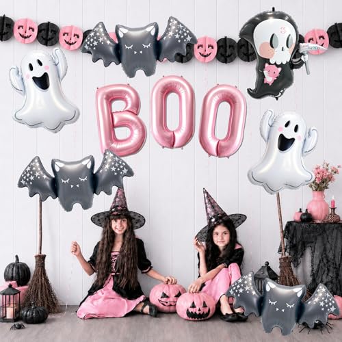 Pink Boo Halloween Balloons Set - Foil Ghost Bat Decor for Party & Yard