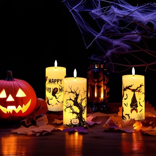 Yellow-Timer Flameless Halloween Ghost Bat Candles with 6H Timer Indoor Decor
