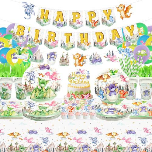 Dragon Party Supplies Set for Kids Birthday - Banner, Plates, Cups, Balloons & More, Serves 20
