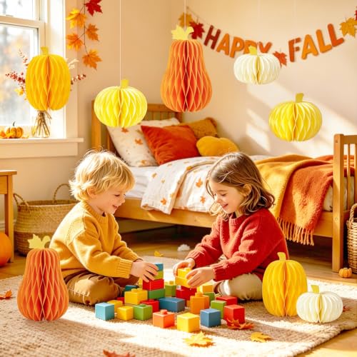 Yellow Pumpkin Honeycomb Centerpiece Set - Fall Autumn Halloween Thanksgiving Decor
