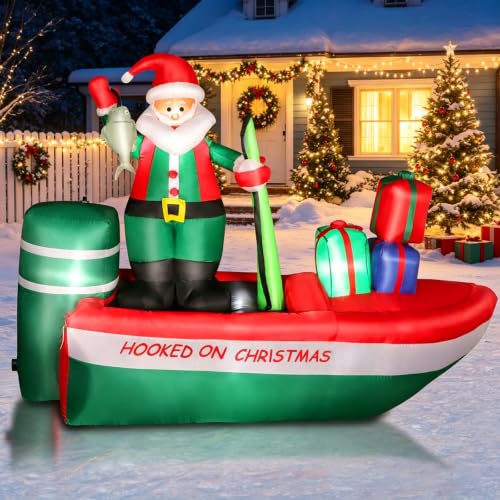 8 Ft Inflatable Christmas Santa Fishing on Boat with Built-in Lights - Outdoor Holiday Yard Decor