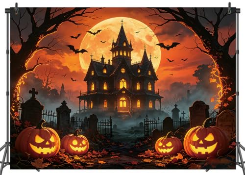 Orange Full Moon Halloween Backdrop 8x6ft for Party Decorations