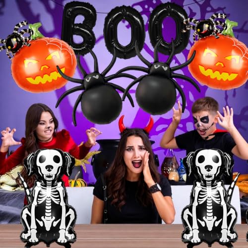Halloween Foil Balloons Set - Skeleton Dog, Pumpkin & Spider Decorations for Party
