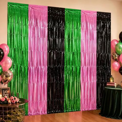 Pink Green Black Foil Fringe Curtains - 2 Pack for Birthday & Witch Theme Parties