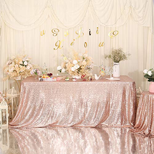 Rose Gold Sequin Tablecloth 50x72 Inch & Backdrop Curtains 2 Pack for Events