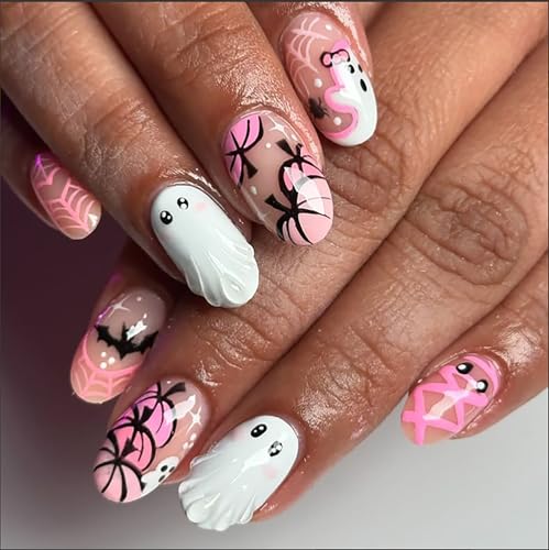 3D Ghost Halloween Press On Nails - Short Almond Fake Nails with Mummy Pumpkin Bat Web Designs - Pink, Glossy, Reusable, DIY Manicure, Variation 26