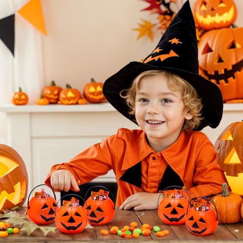 Mini Halloween Pumpkin Buckets - 12 Pack Small Candy Buckets for Trick-or-Treating