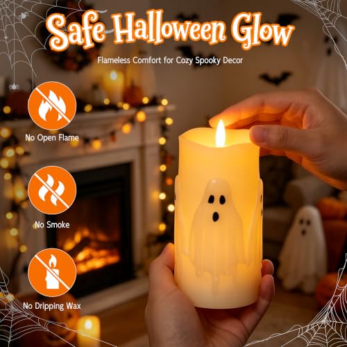 Halloween Ghost Flameless Candles Set - Remote Timer & Real Wax, 2 Pack