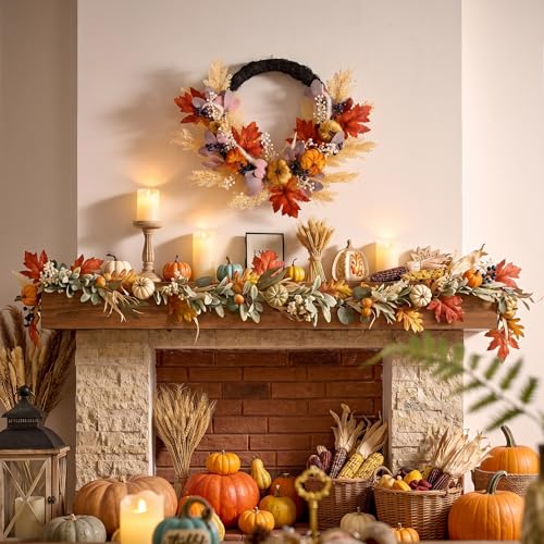 24-Inch Collapsible Fall Wreath with Pumpkins and Lights for Front Door