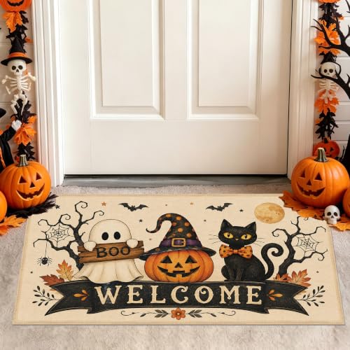 Halloween Patchwork Kitchen Rugs Set - Cat Ghost Pumpkin Floor Mats, 2 Pieces - Halloween Decor