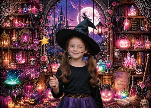 Halloween Witch Library Backdrop - 10x8FT Spooky Gothic Party Decoration