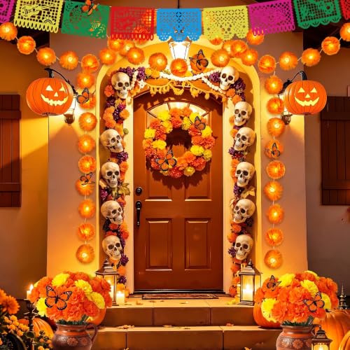 Dia de Los Muertos Decor Set with Marigold Garland Banners Flowers & Butterflies