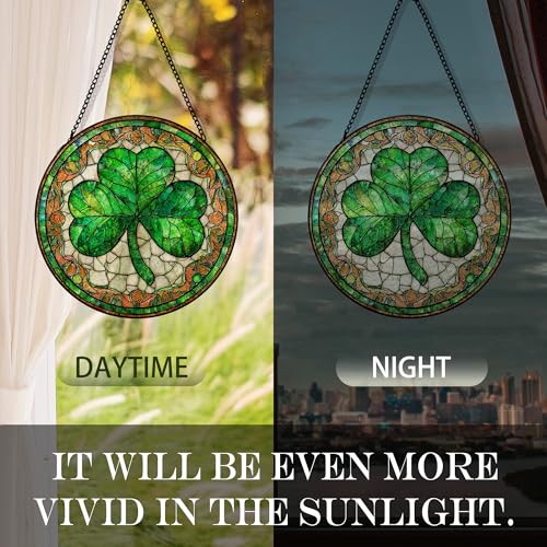 Irish Green Shamrock Sun Catcher - Stained Glass Window Hanging, Lucky Clover Decor - 7.8 Inch - Variation: Shamrock