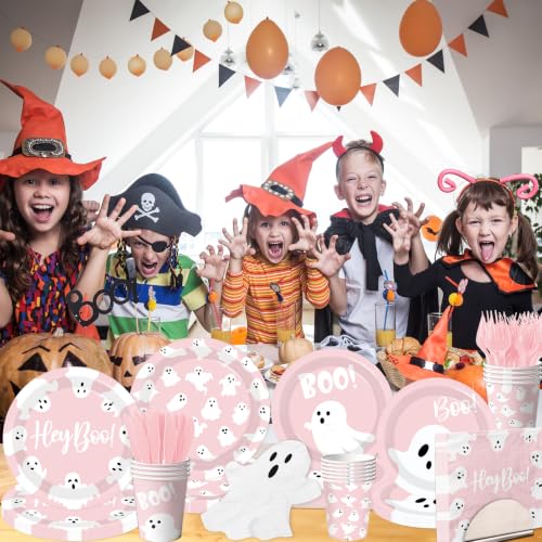 Pink Halloween Ghost Paper Plates and Napkins Set - 144pcs Party Supplies