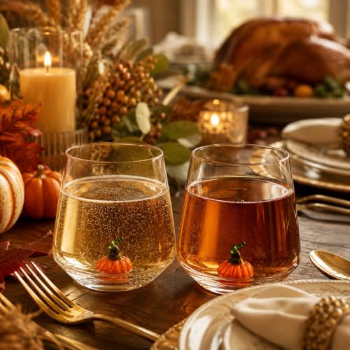 Pumpkin Wine Glasses Set - 2 Pack Halloween Fall Stemless Cups for Parties & Home