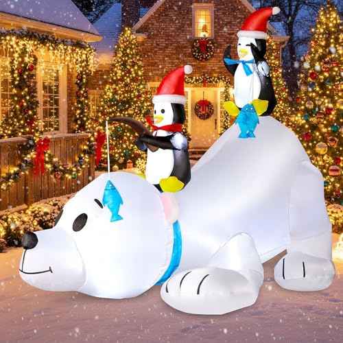 6 Ft Inflatable Christmas Polar Bear with Penguins LED Lights Outdoor Yard Decor