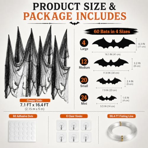 Halloween Party Decorations Black Creepy Cloth & Bat Wall Decor - Black Bat Variation