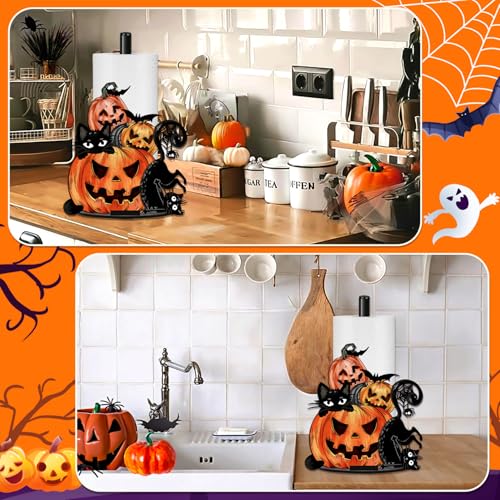 Halloween Paper Towel Holder with Black Cat & Pumpkin Design - 12 Inch Fall Decor