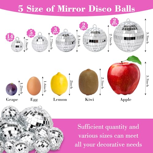 26 Pcs Silver Mirror Disco Ball Hanging Decorations for 70s Party & Events