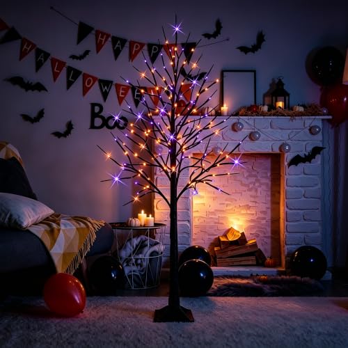 6FT Halloween Black Birch Tree with 288 Purple & Orange LED Lights, Waterproof Indoor Outdoor Decor