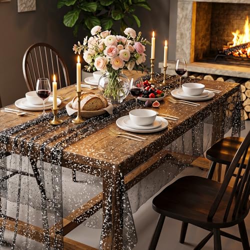 Black Gold Galaxy Star Tablecloth - 120 x 28 Inch, Sorcristy