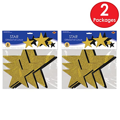 Black & Gold Glittered Star Cutouts - 12 Pack for Awards Night & New Year’s Eve Party Decorations