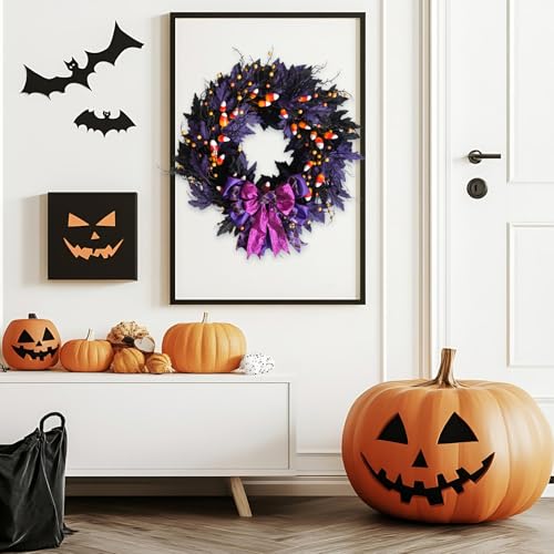 Halloween Door Wreath - 22 Inch Black & Purple Wreath with Witch Ornaments & Bow - Idyllic
