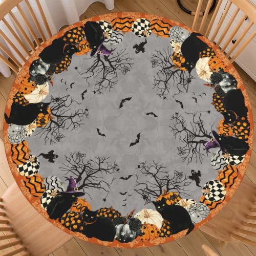 Grey Halloween Fitted Tablecloth with Black Cats Pumpkins & Bats - Waterproof 40-44 Inch Round