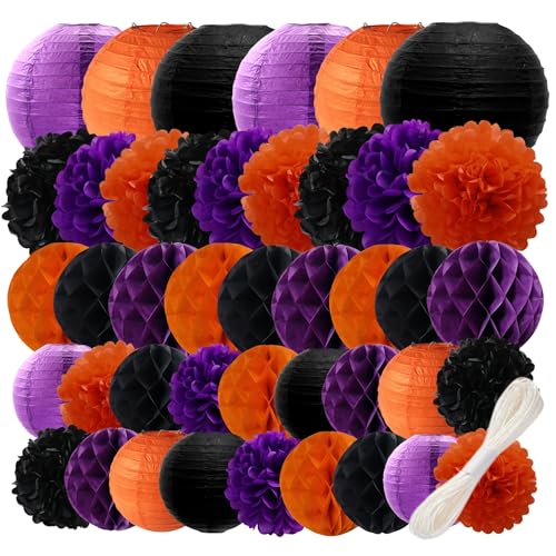 Halloween Party Paper Decoration Set - Lanterns, Pom Poms, Honeycomb Balls, 42 Pieces