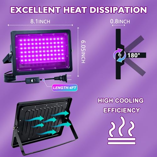2 Pack 100W UV Black Lights for Glow Party Waterproof Stage Halloween Body Painting