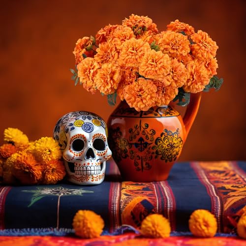 Artificial Fall Marigold Flowers 13 Inch - Orange, 6 Pack for Halloween & Decor
