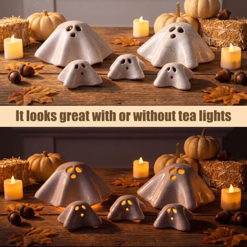 5 Pcs Handmade Ceramic Ghost Tealight Holders Halloween Decor Set