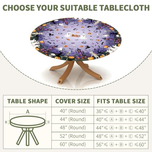 Halloween Round Fitted Tablecloth with Elastic - Purple, 40-44 Inch, Reusable