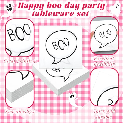Pink Halloween Ghost Paper Plates and Cups Party Set - 144 pcs with Napkins & Cutlery