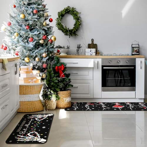 Christmas Skeleton Kitchen Rugs Set - Non Slip Halloween Decor Mats, 3 Sizes