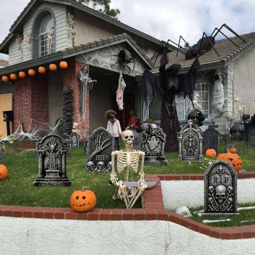 Halloween Tombstones Outdoor Decorations 5 Pack - Plastic Gravestones with Metal Stakes