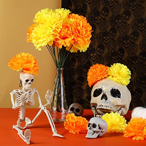 Mexican Party Decorations Set with Marigold Flowers & Banners - Orange & Yellow - Dia De Los Muertos & Fiesta Decor