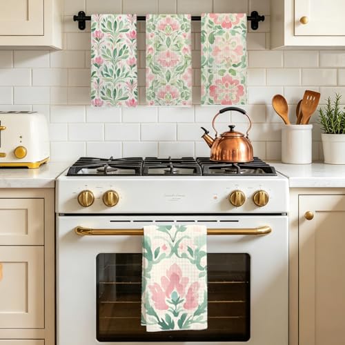 Watercolor Floral Kitchen Towels Set - Pink & Green Dish Cloths, Multi 1413, 4 Pack
