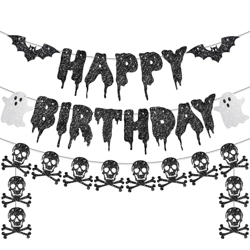 Pre-String Black Happy Birthday & Halloween Skull Banner Glitter Decorations