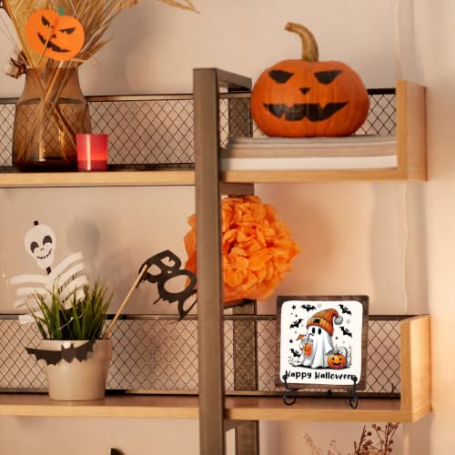 Cute Ghost Halloween Wooden Plaque with Metal Support - Home & Office Decor