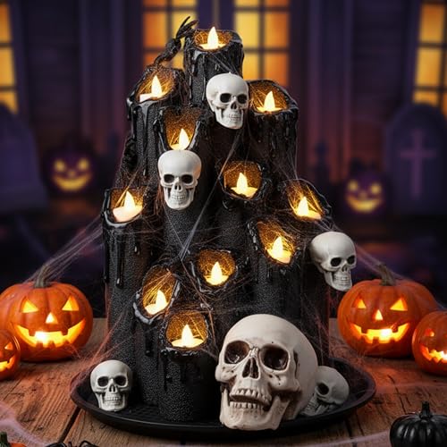 Halloween DIY Spooky Candle Holder Set - Spider Theme, Black Flameless Candles, Centerpiece