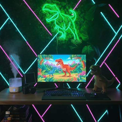 Green Dinosaur Neon Sign Wall Decor - USB Dimmable Night Light for Boys Bedroom, Party & Holiday Gift