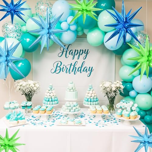 Blue Green Explosion Star Foil Balloons - 8 Pcs Party Decoration