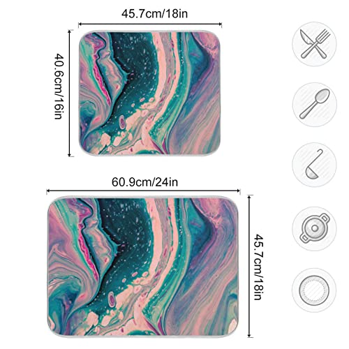 Super Absorbent Microfiber Dish Drying Mat 24x18 Inches - Marble Pink Green - Flexible & Quick-Drying Kitchen Pad with Hang Loop